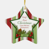 Baby's eerste kerstfoto Xmas Stripes Star Keramisch Ornament (Achterkant)