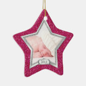 Baby's Eerste Kerstfoto Xmas Zilver Roze Ster Keramisch Ornament (Rechts)