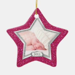 Baby's Eerste Kerstfoto Xmas Zilver Roze Ster Keramisch Ornament