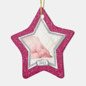 Baby's Eerste Kerstfoto Xmas Zilver Roze Ster Keramisch Ornament (Links)