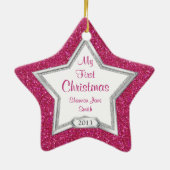Baby's Eerste Kerstfoto Xmas Zilver Roze Ster Keramisch Ornament (Achterkant)