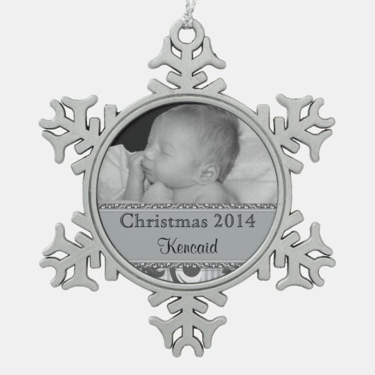 Baby's eerste kerstfoto Zilver Tin Sneeuwvlok Ornament (Voorkant)