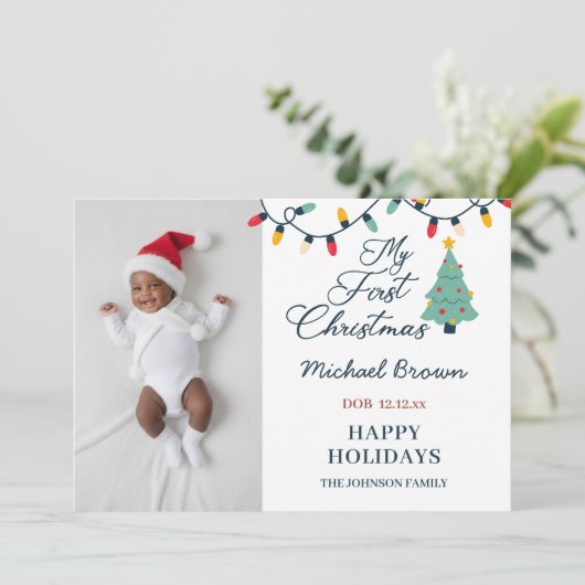 Baby's eerste kerstfotofeest op maat feestdagenkaart (Staand voorkant)