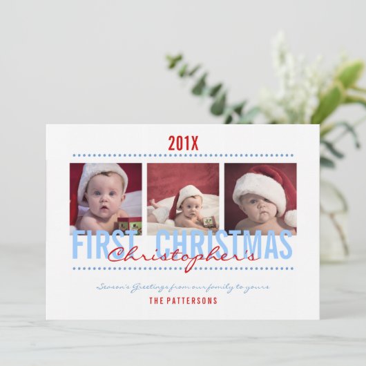 Baby's eerste kerstfotokaart voor Baby Boy Feestdagenkaart (Staand voorkant)