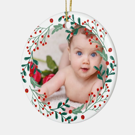 Baby's eerste kerstfotokerrie keramisch ornament (Links)