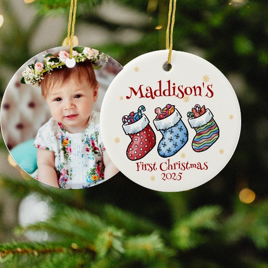Baby's eerste kerstfotonaam, geboortestatistieken keramisch ornament