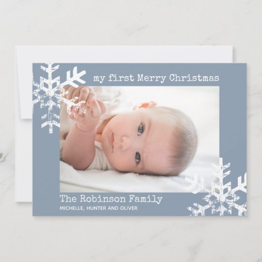 Baby's eerste kerstgebluste blauwe foto Snowflakes Feestdagenkaart (Voorkant)