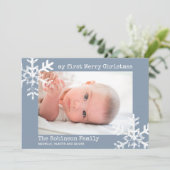Baby's eerste kerstgebluste blauwe foto Snowflakes Feestdagenkaart (Staand voorkant)