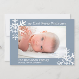 Baby's eerste kerstgebluste blauwe foto Snowflakes Feestdagenkaart