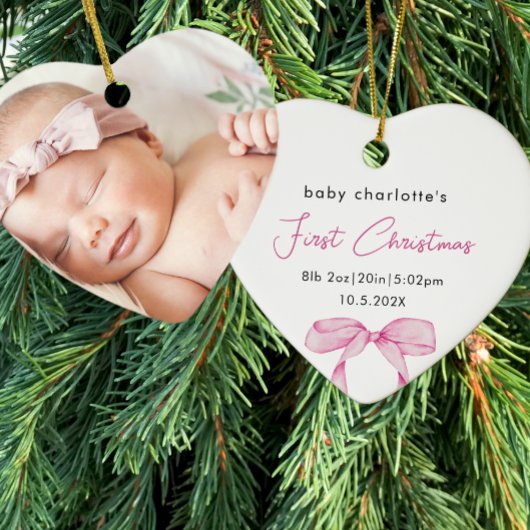 Baby's Eerste Kerstgeboorte Stats Foto Roze Bow Keramisch Ornament
