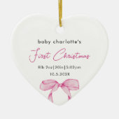 Baby's Eerste Kerstgeboorte Stats Foto Roze Bow Keramisch Ornament (Voorkant)