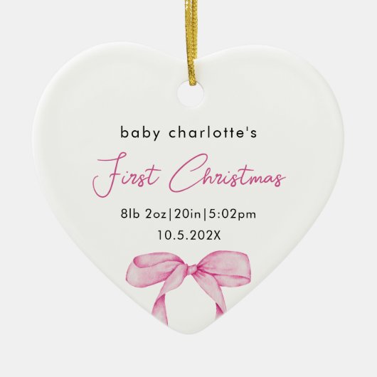 Baby's Eerste Kerstgeboorte Stats Foto Roze Bow Keramisch Ornament (Voorkant)