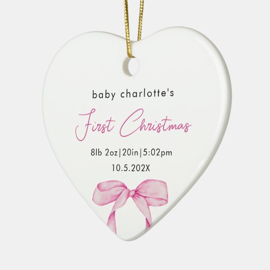Baby's Eerste Kerstgeboorte Stats Foto Roze Bow Keramisch Ornament (Links)