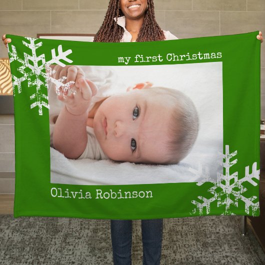 Baby's eerste kerstgroene foto Snowflakes Fleece Deken