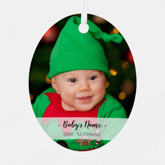 Baby's Eerste Kerstjaar Fotoscriptnaam Oval Metalen Ornament (Voorkant)