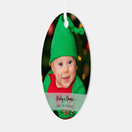 Baby's Eerste Kerstjaar Fotoscriptnaam Oval Metalen Ornament (Voorkant links)