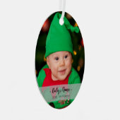 Baby's Eerste Kerstjaar Fotoscriptnaam Oval Metalen Ornament (Voorkant Rechts)