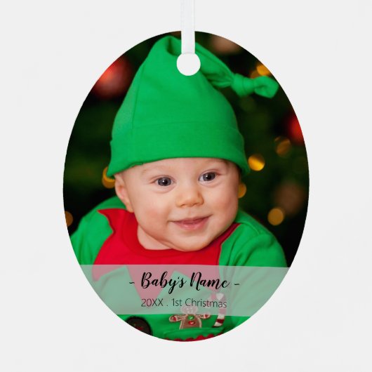 Baby's Eerste Kerstjaar Fotoscriptnaam Oval Metalen Ornament (Achterkant)