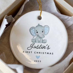 Baby's eerste kerstjongen Elephant 2 Sided Photo Keramisch Ornament