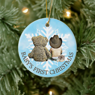 Baby's eerste kerstjongetje en Teddy Bear Keramisch Ornament