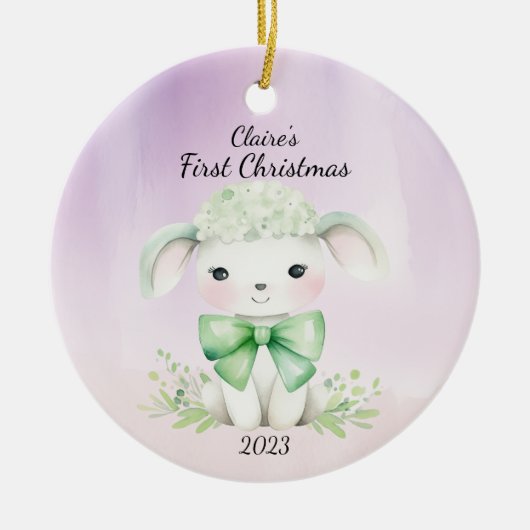 Baby's eerste kerstlam gepersonaliseerd keramisch ornament (Voorkant)