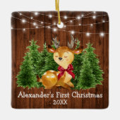 Baby's Eerste Kerstlichten Hert Rode Strik Keramisch Ornament (Voorkant)