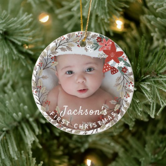 Baby's eerste kerstman Holly Wreath Photo Keepomwi Keramisch Ornament (Boom)