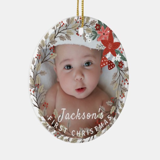 Baby's eerste kerstman Holly Wreath Photo Keepomwi Keramisch Ornament (Rechts)