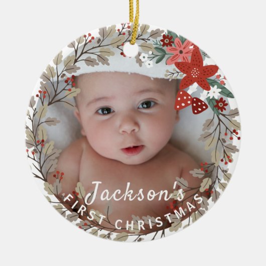 Baby's eerste kerstman Holly Wreath Photo Keepomwi Keramisch Ornament (Voorkant)