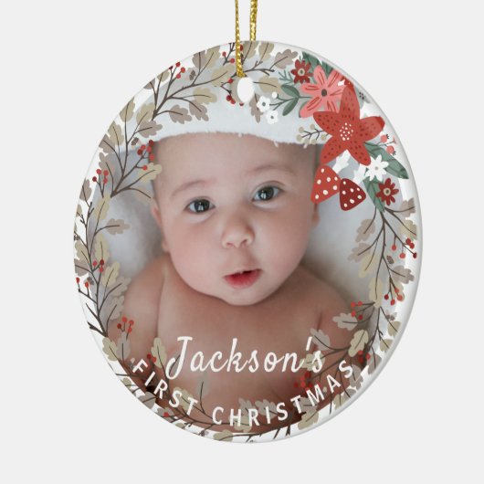Baby's eerste kerstman Holly Wreath Photo Keepomwi Keramisch Ornament (Links)