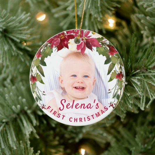 Baby's eerste kerstman Holly Wreath Photo Keepomwi Keramisch Ornament (Boom)
