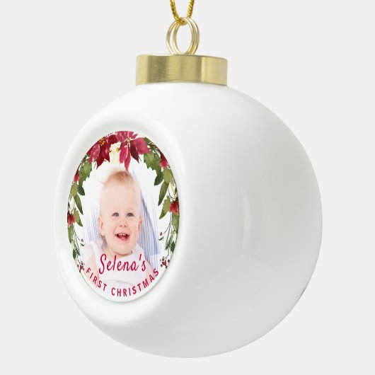 Baby's eerste kerstman Holly Wreath Photo Keepomwi Keramische Bal Ornament (Rechts)