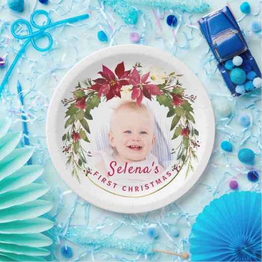 Baby's eerste kerstman Holly Wreath Photo Keepomwi Papieren Bordje (Feest)