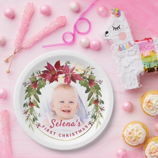 Baby's eerste kerstman Holly Wreath Photo Keepomwi Papieren Bordje (Feest)