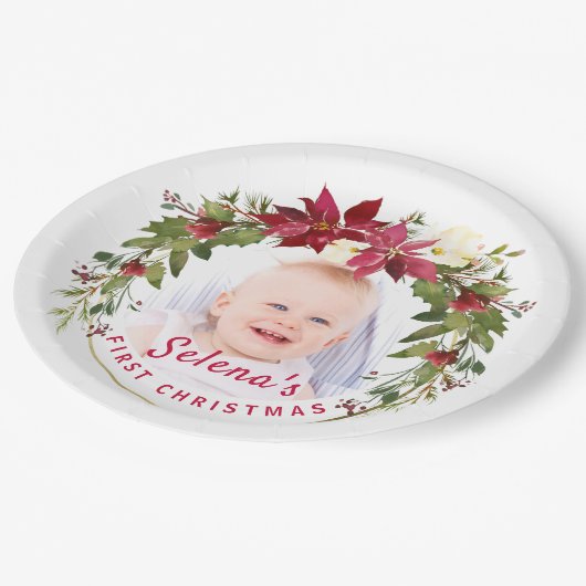 Baby's eerste kerstman Holly Wreath Photo Keepomwi Papieren Bordje (Gekanteld)