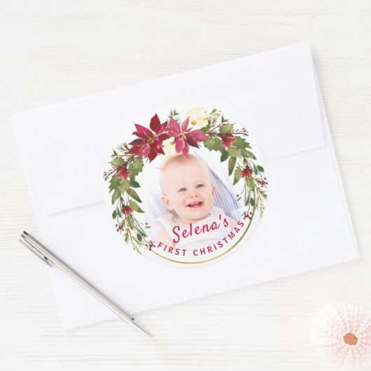 Baby's eerste kerstman Holly Wreath Photo Keepomwi Ronde Sticker (Envelop)