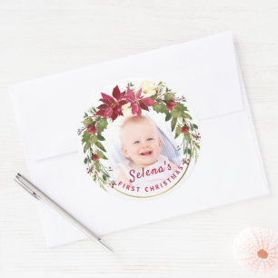 Baby's eerste kerstman Holly Wreath Photo Keepomwi Ronde Sticker