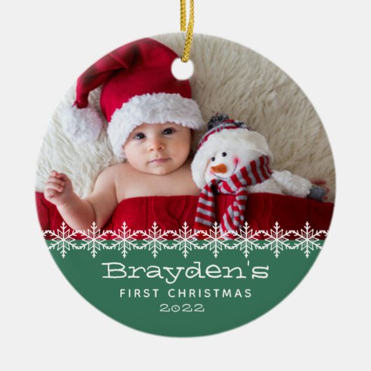Baby's Eerste Kerstmis 2023 Foto Groen Keramisch Ornament (Voorkant)