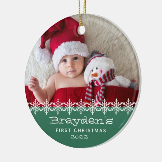 Baby's Eerste Kerstmis 2023 Foto Groen Keramisch Ornament (Links)