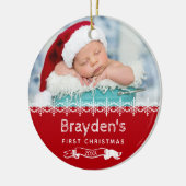 Baby's Eerste Kerstmis 2023 Rood Wit Aangepaste Fo Keramisch Ornament (Links)