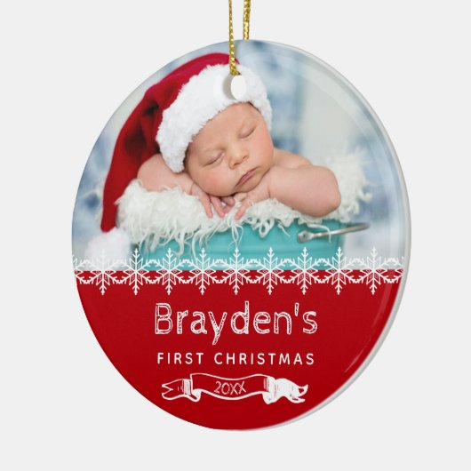 Baby's Eerste Kerstmis 2023 Rood Wit Aangepaste Fo Keramisch Ornament (Links)