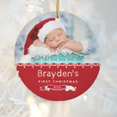 Baby's Eerste Kerstmis 2023 Rood Wit Aangepaste Fo Keramisch Ornament