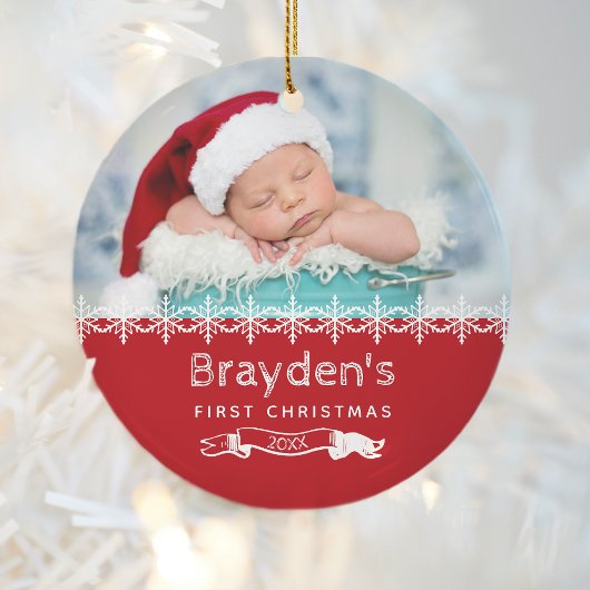 Baby's Eerste Kerstmis 2023 Rood Wit Aangepaste Fo Keramisch Ornament