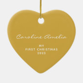Baby's Eerste Kerstmis 2025 Gepersonaliseerd Geel Keramisch Ornament (Achterkant)