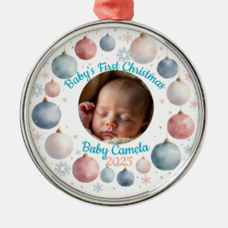 Baby's eerste kerstmis 2025 gepersonaliseerde foto metalen ornament