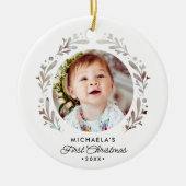 Baby's Eerste Kerstmis 2-Foto Cutout Eenvoudig Keramisch Ornament (Voorkant)