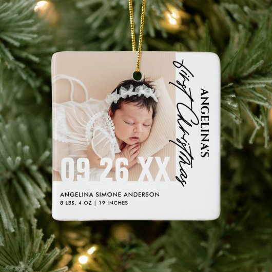Baby's Eerste Kerstmis 2-Foto Naam & Geboortedetai Keramisch Ornament (Boom)