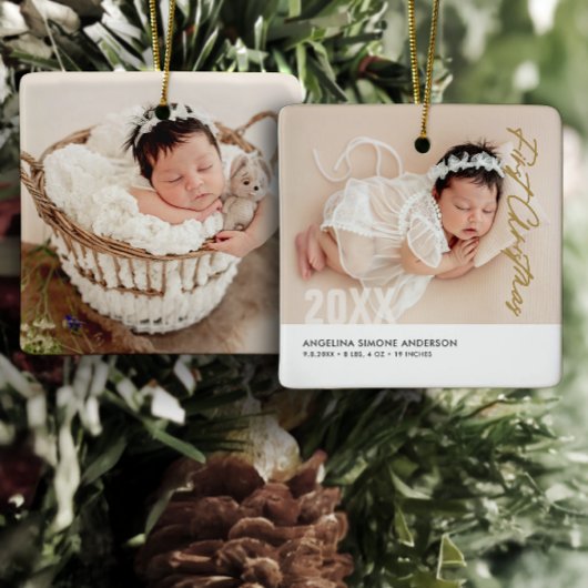 Baby's Eerste Kerstmis 2-Foto Naam & Geboortedetai Keramisch Ornament