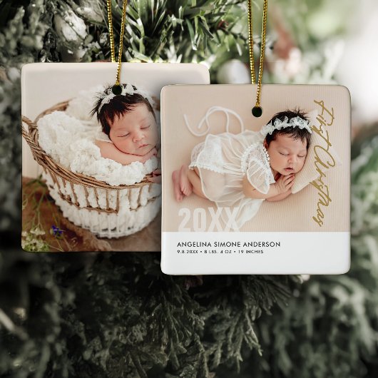 Baby's Eerste Kerstmis 2-Foto Naam & Geboortedetai Keramisch Ornament
