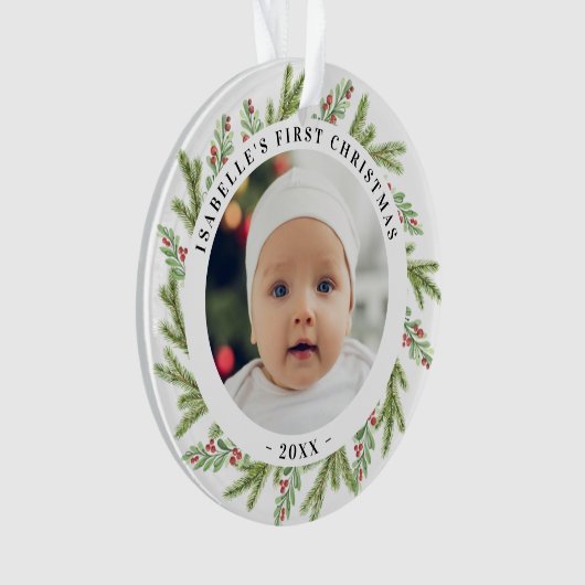 Baby's eerste Kerstmis 2 foto's Greenery Ornament (voorkant)